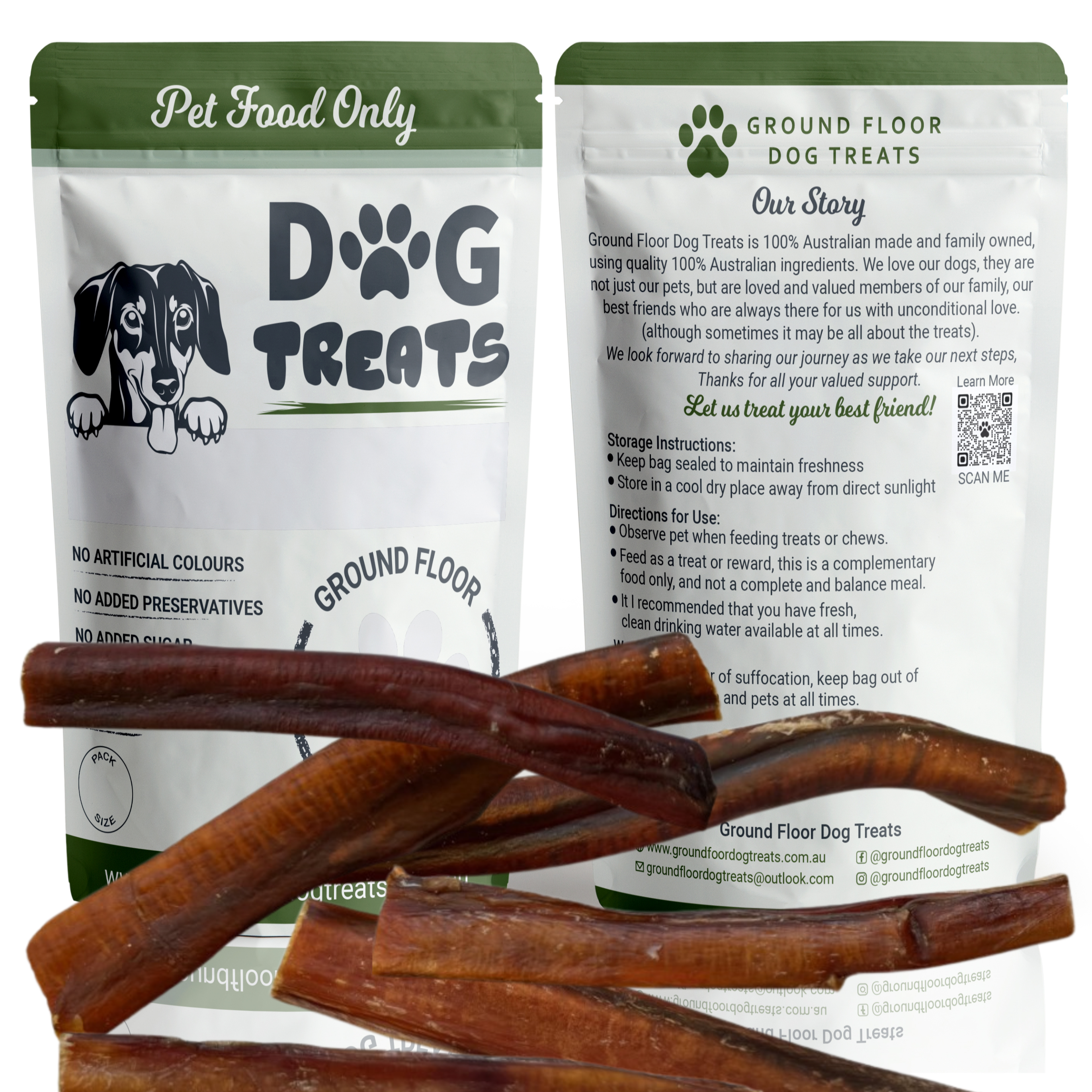 Beef Pizzle Sticks 15cm thick Dog Treats with packaging at GroundFloor Dog Treats