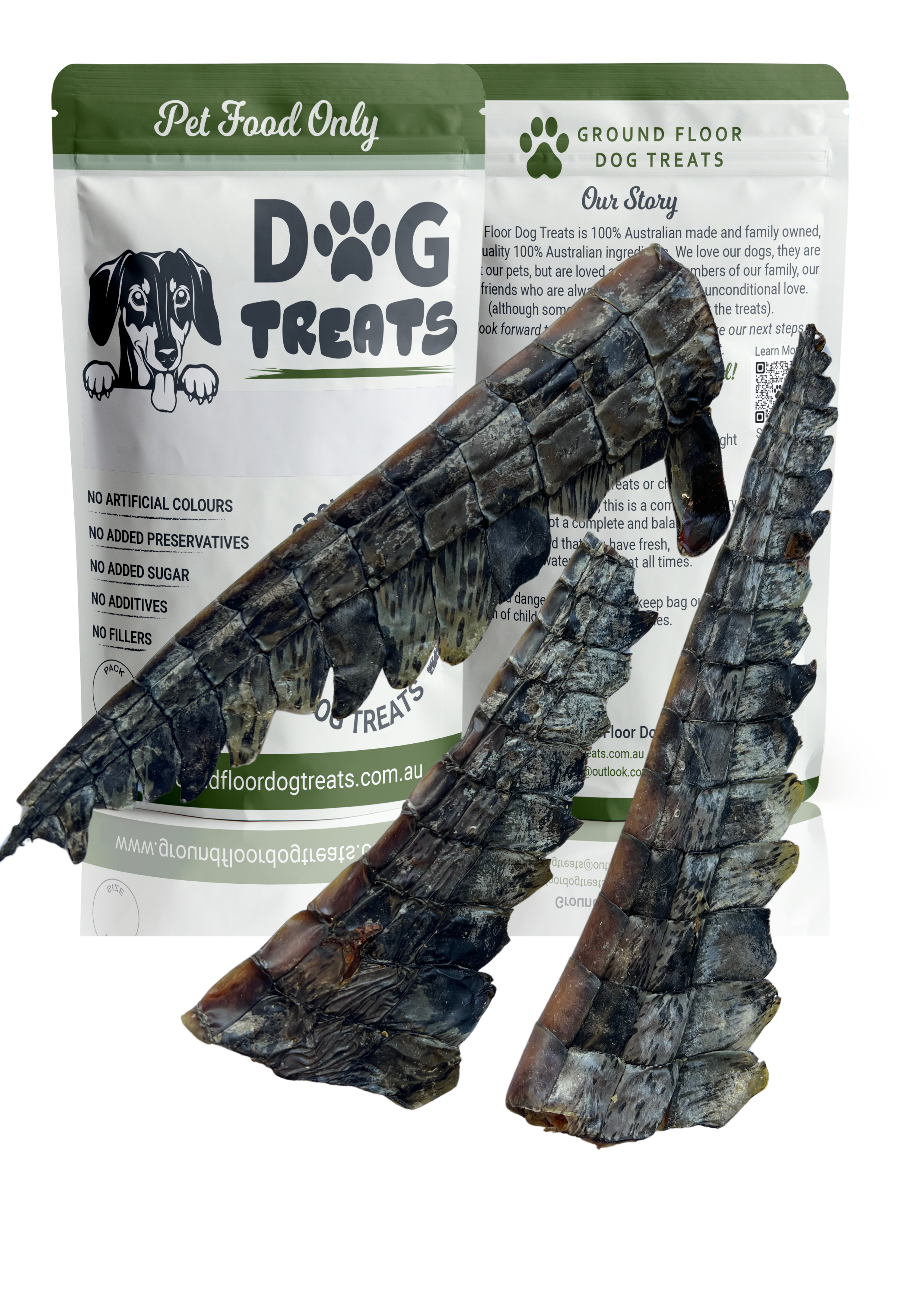 Crocodile Tail Tips with packaging at Groundfloor Dog Treats