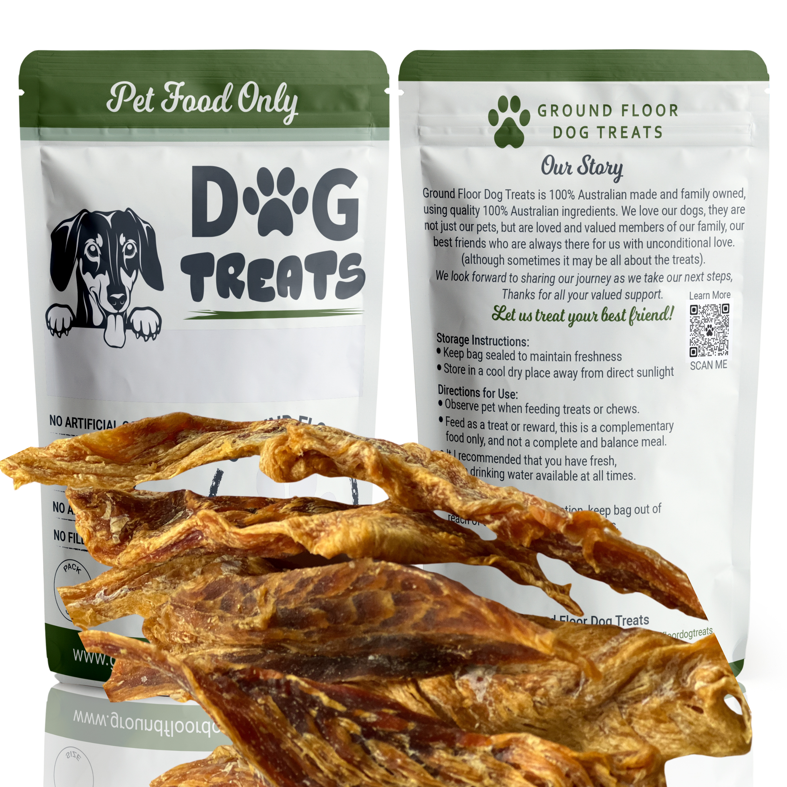 Snapper Strips Dog Treats with packaging at Groundfloor Dog Treats