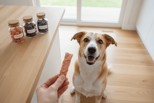 Happy dog waiting for single ingredient dog treats made with natural, healthy ingredients from Ground Floor Dog Treats