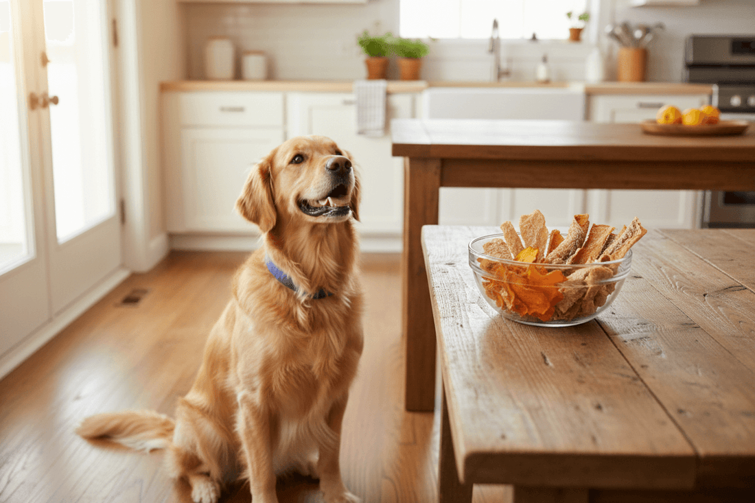Golden retriever waiting for single ingredient dog treats in a kitchen, healthy snack inspiration for pets