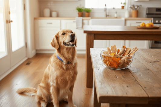 Golden retriever waiting for single ingredient dog treats in a kitchen, healthy snack inspiration for pets